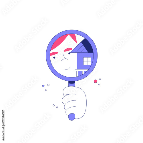 Hand Holding Magnifying Glass Reflecting A House In Flat Vector Illustration Symbolizing Real Estate Search, Property Buying, And Housing Analysis, Isolated On White Background.