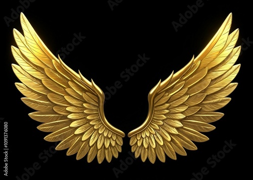 Golden angel 3D wings with black background. Generative AI
