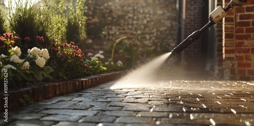 High-Pressure Cleaning of a Garden Patio on a Sunny Day photo