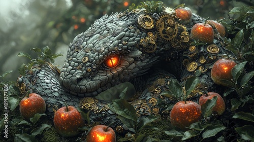 serpent temptress armored scales coils intricate mechanical apple tree adorned glowing metallic apples amidst foggy steampunk inspired industrial background. photo