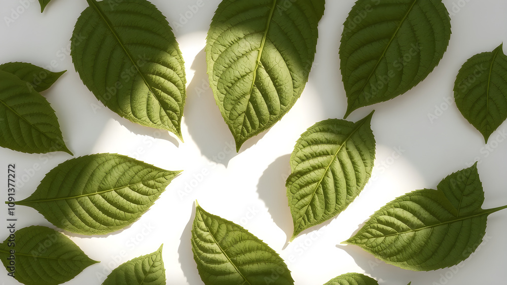 Beautifully arranged on a plain white background, the light from above makes each leaf appear shadowed and the details of the veins are sharp Beautifully arranged on a plain white background, the light from above makes each leaf appear shadowed and the details of the veins are sharp