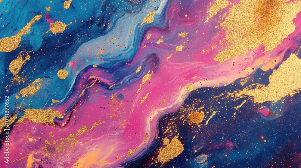 Fototapeta premium Vibrant abstract backdrop showcasing swirling blue and pink hues adorned with shimmering golden paint splashes for a cosmic effect
