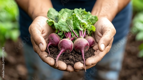 A topdown view of a farmer s hands holding a bunch of freshpicked beets, sustainable farming, nature s harvest photo