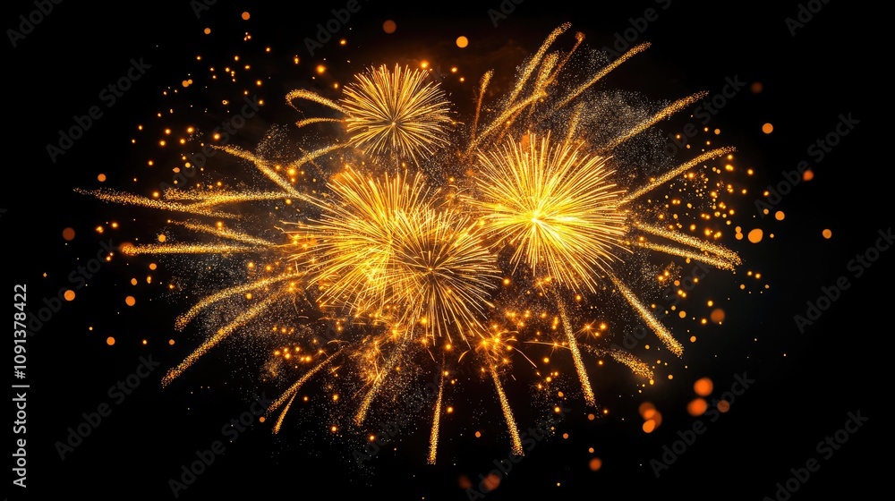 Obraz premium Golden fireworks bursting brilliantly in the night sky, creating a stunning display with vibrant sparks and a dark background, ideal for text overlay.