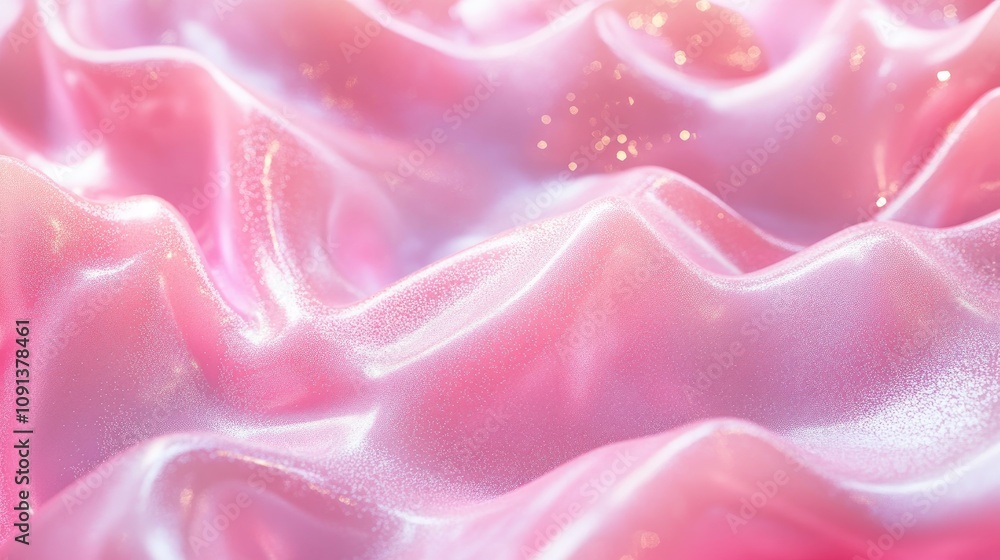 Obraz premium Textured pink fabric with glittery accents creating a soft, abstract background of flowing curves and light reflections.