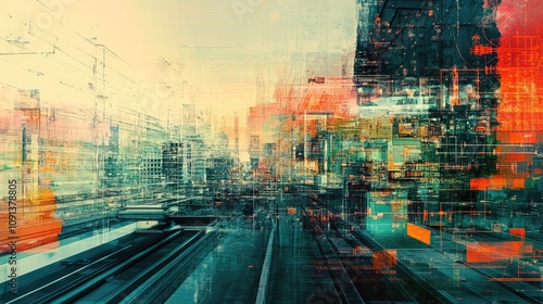 Abstract smart city illustration featuring vibrant layers of digital communication networks, 5G, and LPWA technologies in a futuristic mixed media style. photo