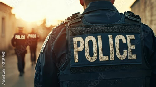 Police Officer Standing on Urban Street. Rear View of Law Enforcement Uniform and Equipment.