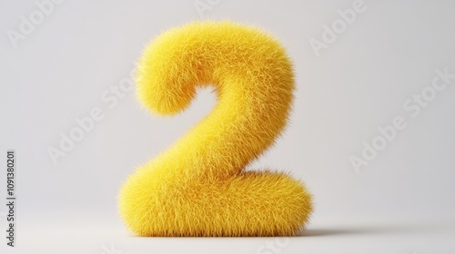 Furry yellow number two with a whimsical design and short hair on a pristine white background, creating a playful 3D illusion that enhances its charming appearance photo