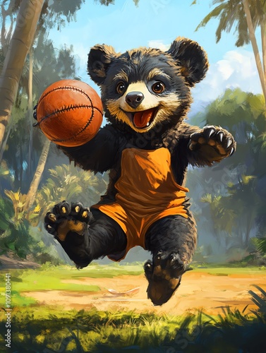 A joyful bear cub playing basketball in a vibrant, green forest, showcasing the fun of sports in nature. photo