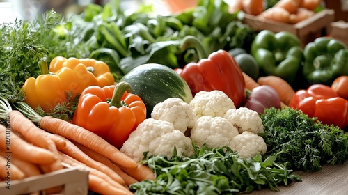 Organic farmfresh produce in a vibrant flatlay, featuring bell peppers, carrots, and leafy greens, wholesome food, natural nutrition photo