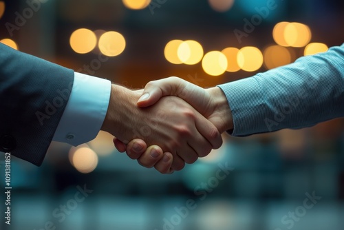 Aperto de mãos entre dois profissionais em ambiente corporativo, simbolizando acordo e parceria, criado por IA generativa.