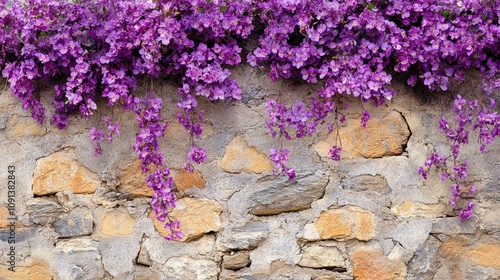 Lush purple flowers cascading gracefully over a rustic stone wall, creating a striking contrast with the textured surface.