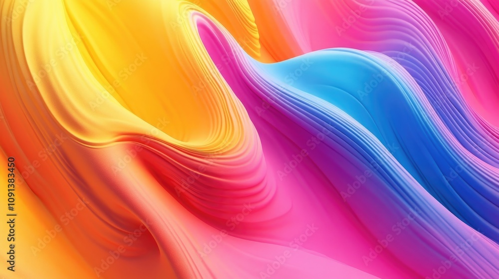 Obraz premium Colorful flowing abstract waves in vibrant hues of pink, yellow, and blue with a smooth textured appearance creating a dynamic visual backdrop.