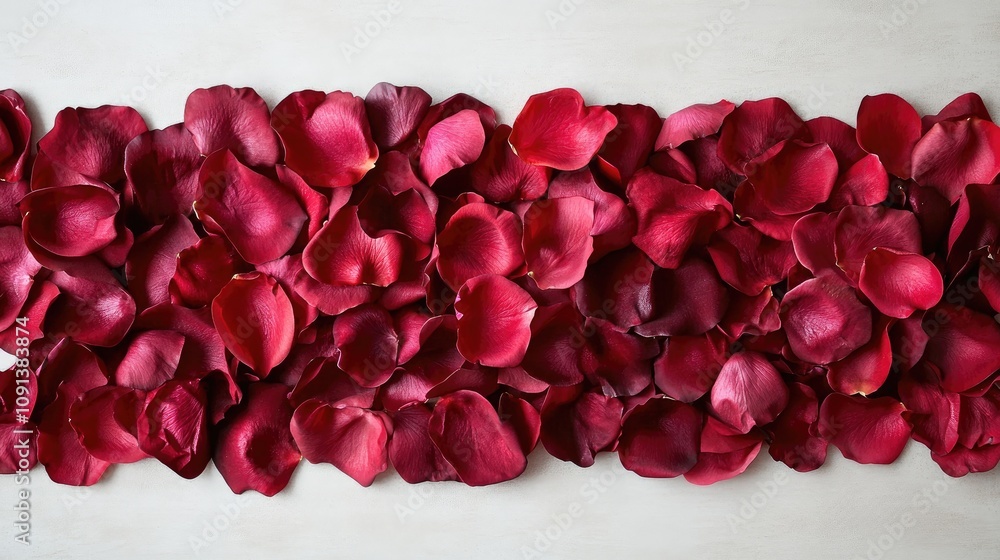 Valentine's Day romantic backdrop with red rose petals elegantly arranged on a white surface, ideal for celebration banners and decorations. Valentine's Day romantic backdrop with red rose petals elegantly arranged on a white surface, ideal for celebration banners and decorations.
