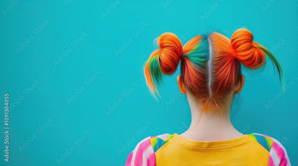 Naklejka premium Colorful pigtails in orange and teal adorned on a girl's head, contrasted against a vivid turquoise background, showcasing a playful and lively vibe.