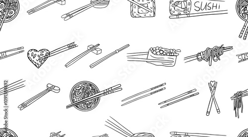 Seamless pattern of different chopsticks used in Asia in doodle style. Bamboo sticks. Chinese and japanese chopsticks, sushi chopsticks, noodle and rice chopsticks. Hand drawn