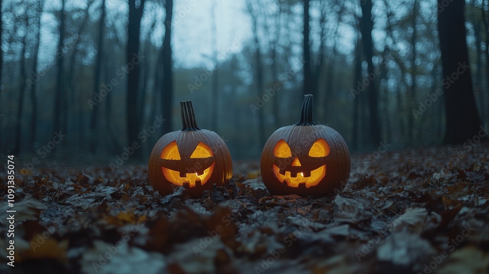 Illuminated jack-o'-lanterns with playful expressions surrounded by vibrant autumn leaves in a misty twilight forest setting. Illuminated jack-o'-lanterns with playful expressions surrounded by vibrant autumn leaves in a misty twilight forest setting.