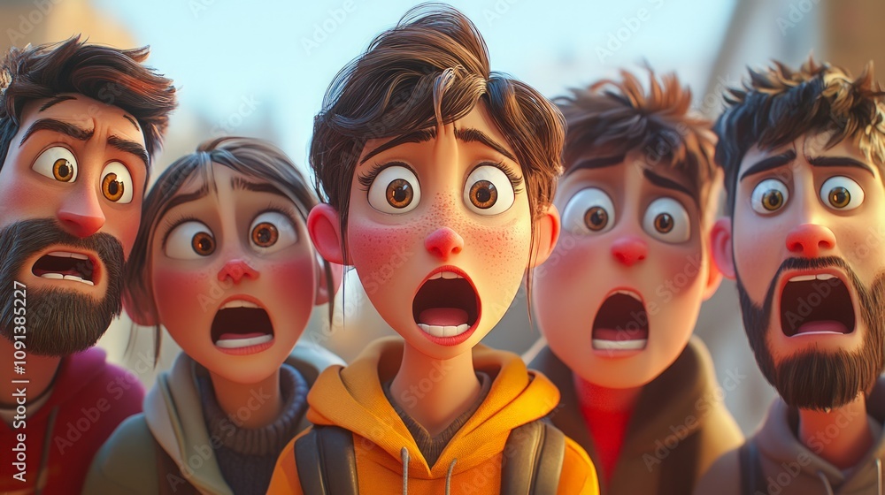 Obraz premium Dynamic confrontation among five expressive characters, showcasing a vivid array of emotions, capturing the intensity and complexity of their animated conflict.