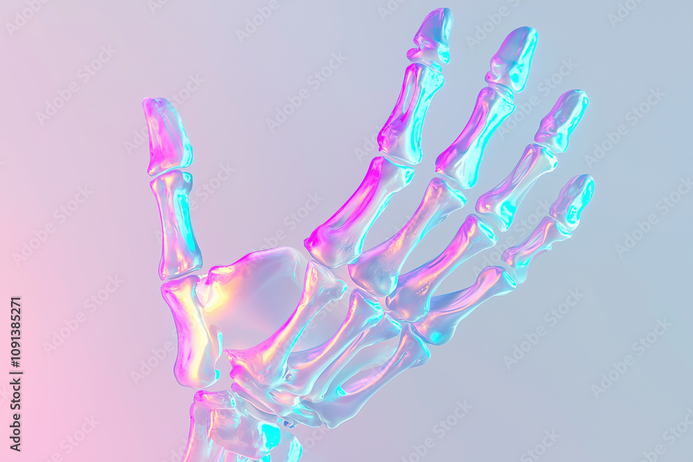 Obraz premium A holographic skeleton hand in pastel neon tones, showcasing vibrant colors and translucent design. This artistic representation evokes sense of modernity and creativity