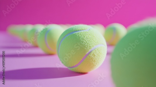 Row of vibrant yellow tennis balls aligned in perfect order against a striking pink background, showcasing a high angle perspective and soft shadows. photo