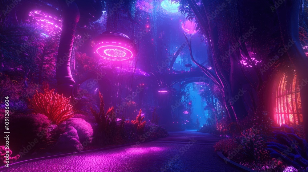Obraz premium A whimsical mini golf course immersed in a fantastical underwater realm filled with vivid corals, glowing aquatic plants, and imaginative futuristic lighting for an enchanting experience.