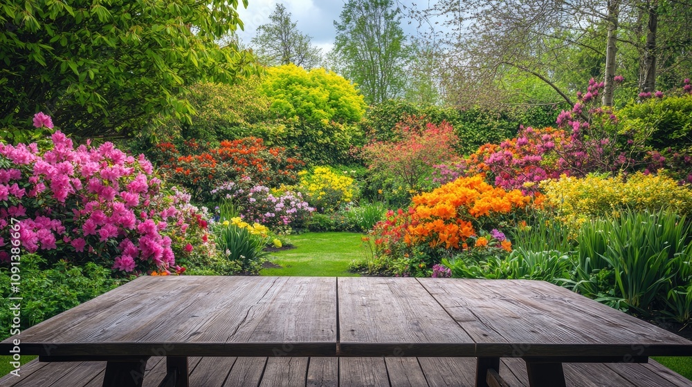 Naklejka premium Wooden table in the foreground overlooking a lush garden filled with vibrant blooming flowers in various colors, creating a serene outdoor atmosphere.