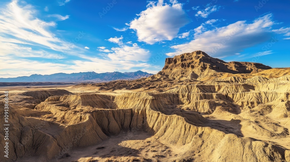 Fototapeta premium Stunning panoramic view of rugged desert landscape with striking rock formations and a vibrant blue sky dotted with fluffy clouds.