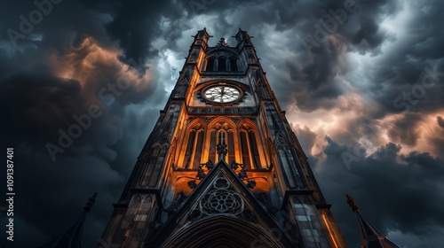 Gothic-style clock tower under a cloudy sky, dramatic lighting emphasizing its grand structure photo