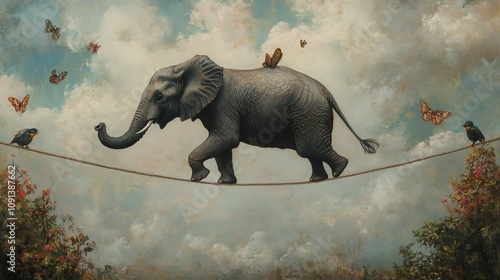 A majestic elephant walking gracefully on a tightrope under a sky filled with butterflies and soft clouds.