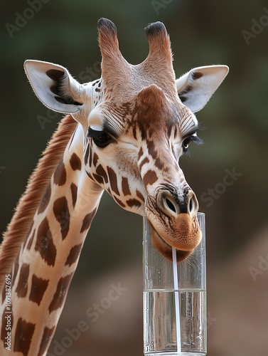 A majestic giraffe drinking water, showcasing its long neck and distinctive spots in a natural setting. photo