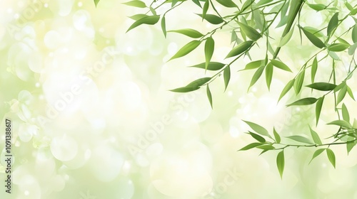 Lush green bamboo leaves delicately framed against a soft, dreamy blurred background with gentle light bokeh effects.