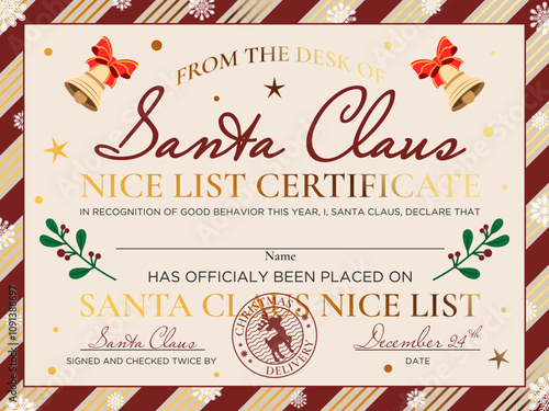 New Year Official Nice List Certificate, Letter From The Desk Of Santa, North Pole Mail With Golden Elements