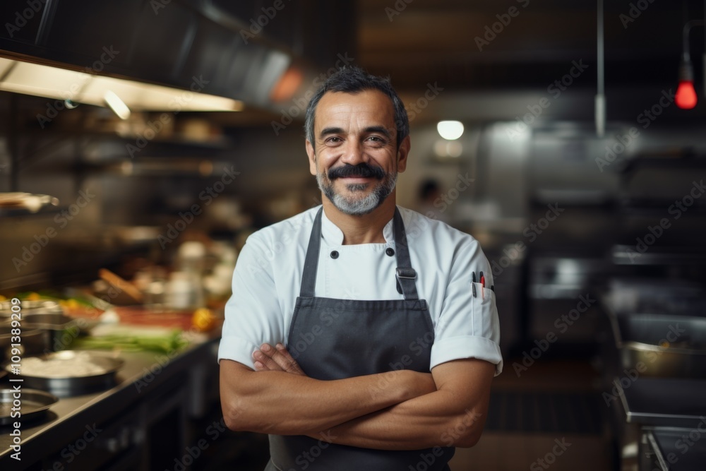 Fototapeta premium Portrait of a middle aged Hispanic chef in kitchen