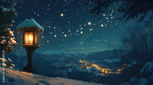 Wallpaper Mural A glowing holiday lantern illuminates a tranquil winter landscape under a star-filled sky, featuring shooting stars and distant sparkling lights. Torontodigital.ca