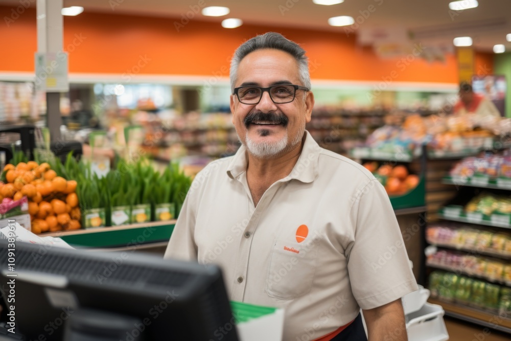 Portrait of a middle aged Hispanic cashier