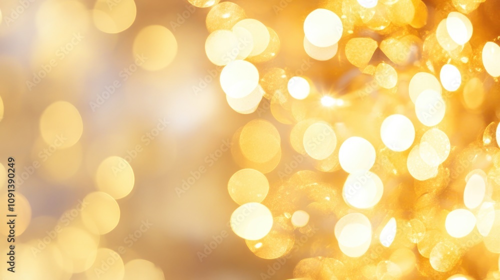 Obraz premium Abstract gold background showcasing a shimmering display of yellow glittery bokeh lights, evoking a festive New Year atmosphere with a soft focus effect for a warm, joyful feel.