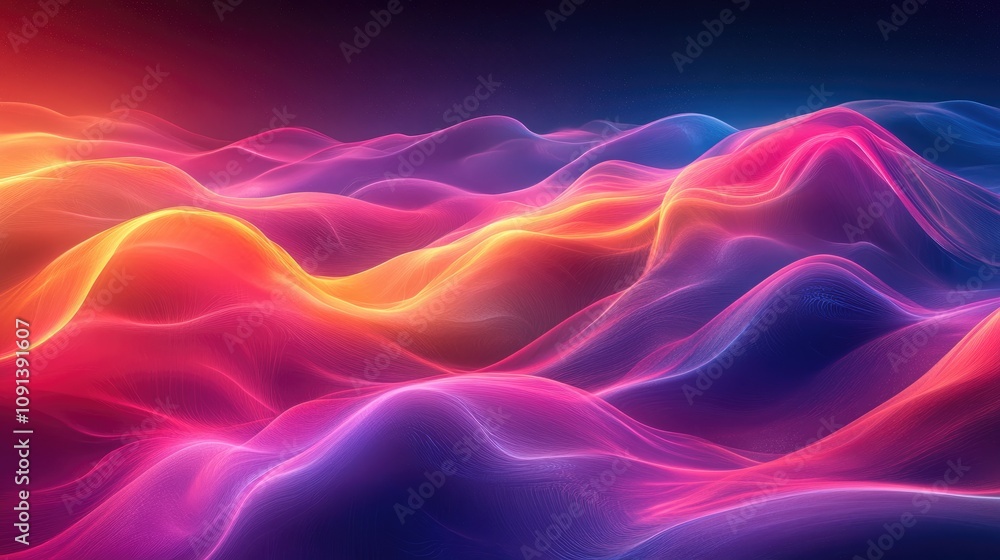 Obraz premium Colorful Abstract Waves of Light with Fluid Motion and Radiant Gradients in Shades of Pink, Orange, and Blue Against a Dark Background