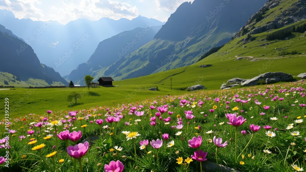 Obraz premium Vibrant Alpine Meadow Blooming with Wildflowers, Surrounded by Majestic Mountains, Perfect for Wall Art or Nature Photography Enthusiasts