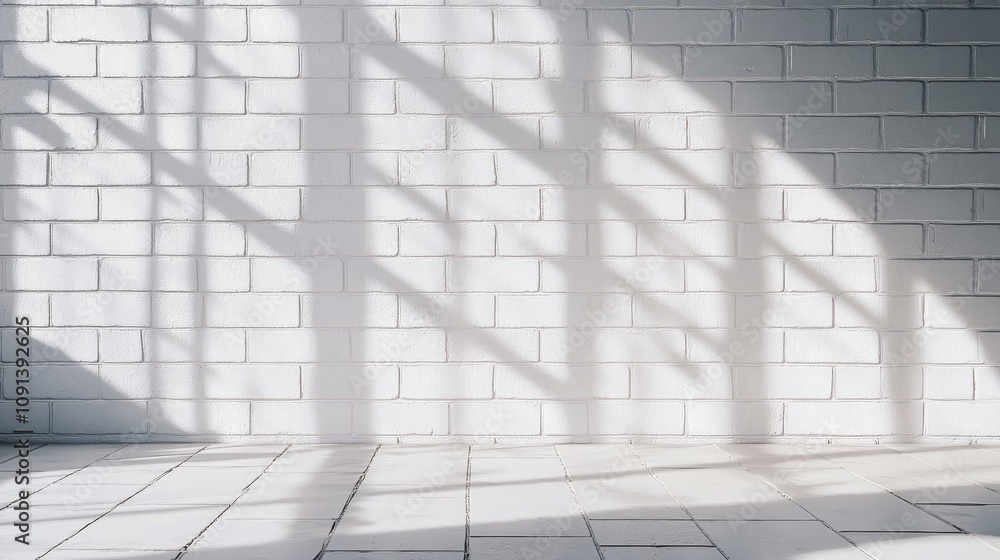 Obraz premium Brightly lit white brick wall texture featuring soft shadows, creating a spacious and inviting panoramic background ideal for various design purposes.