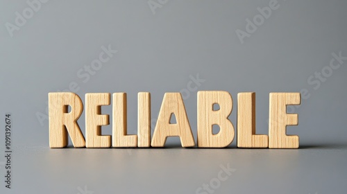 Wooden building blocks arranged to spell the word RELIABLE on a gray background, showcasing a clean and simplistic design. photo