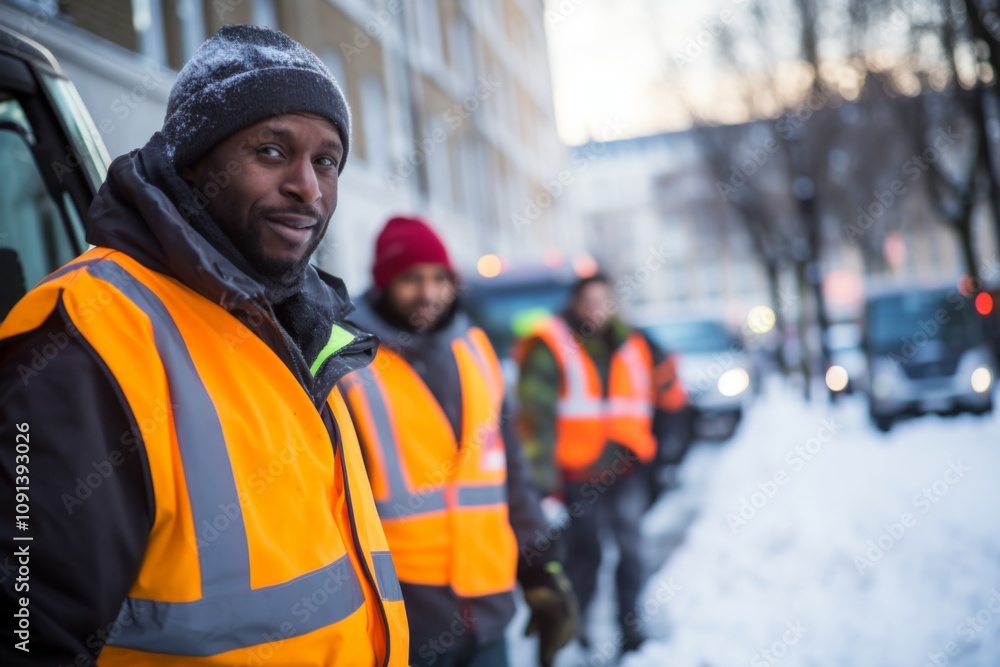 Group portrait of a sanitation workers in city during winter Group portrait of a sanitation workers in city during winter
