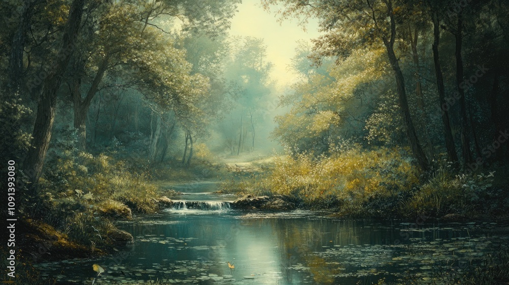Obraz premium Serene Stream Meandering Through Dense Green Forest with Soft Morning Light and Gentle Reflections on the Water Surface