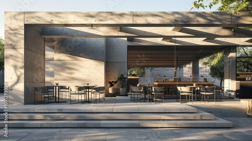 Modern cafe exterior with concrete structure and stylish outdoor seating, sunlight casting soft shadows