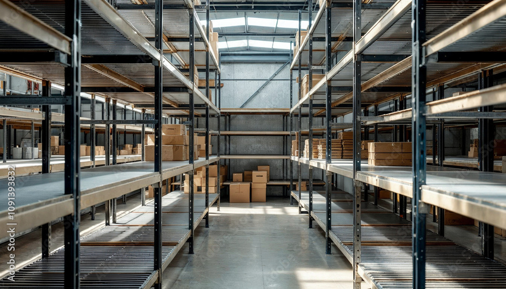 Obraz premium Empty metal shelves in a storage room or warehouse.
