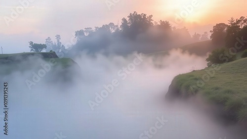 Serene Sunrise Over Misty Hills: Capture the Tranquil Beauty of Nature's Dawn photo