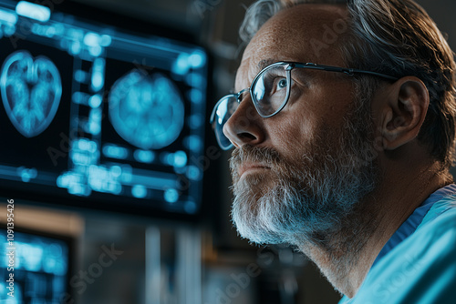 A pioneering cardiac surgeon intently examines high tech medical imaging, showcasing advanced technology in modern operating room. His focused expression reflects dedication and expertise in field photo