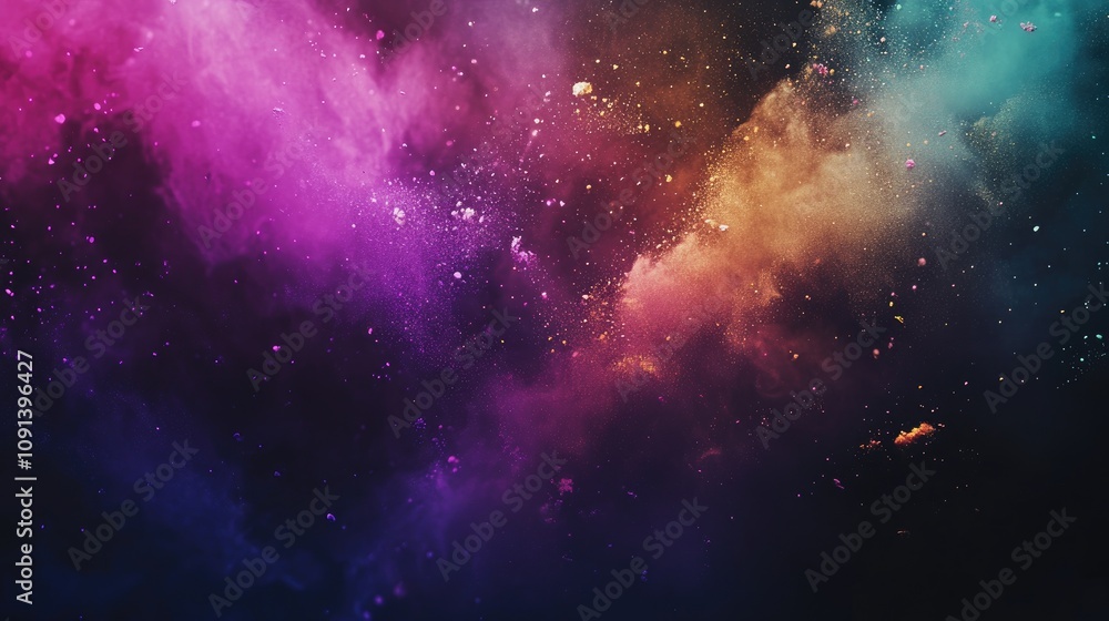 Obraz premium Vibrant colored powder explosion against a dark backdrop showcasing a stunning abstract texture with vivid dust particles floating in space