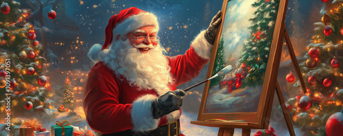 Santa painting holiday themed art, surrounded by colorful decorations and canvases