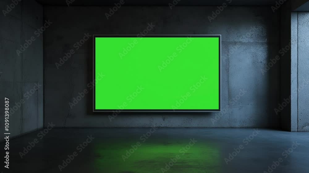 Slow zoom animation of a billboard with a green screen in an empty concrete room