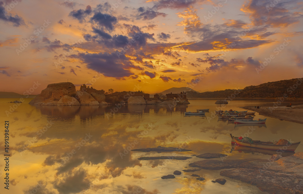 Lake Bafa, Kapıkırı Island - Kapıkırı Village and Island - Herakleia Ancient City, views of fishing boats at sunset - Türkiye